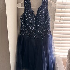 Jeweled and Patterned Bodice Short Dress JT824, Size L, navy blue